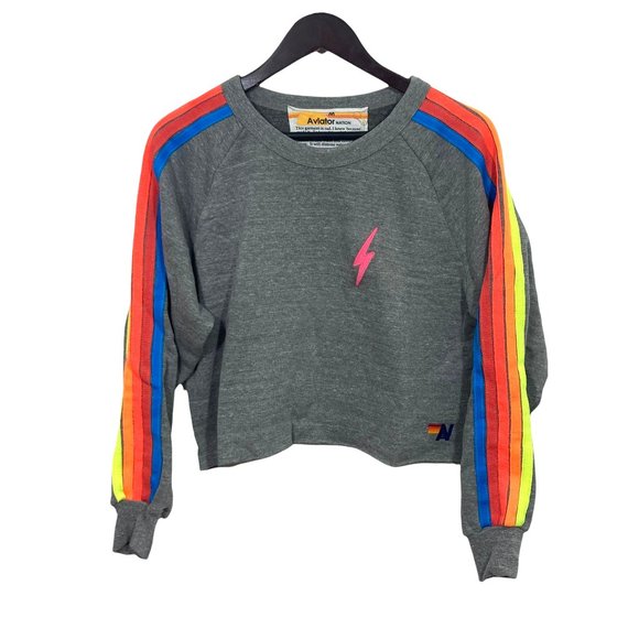 Aviator Nation Bolt Cropped Classic Crew Sweatshirt Heather Neon